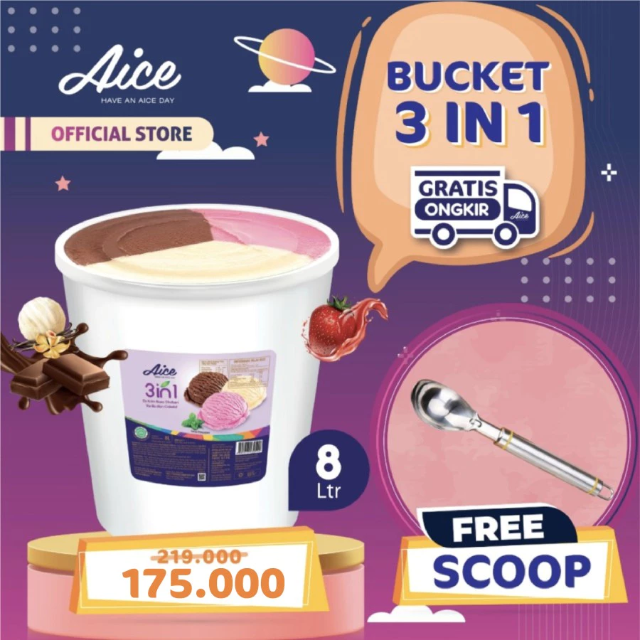 AICE 3 in 1 Bucket 8 Liter Ice Cream Es Krim 3in1 Ember 8L Free Scoop Eskrim